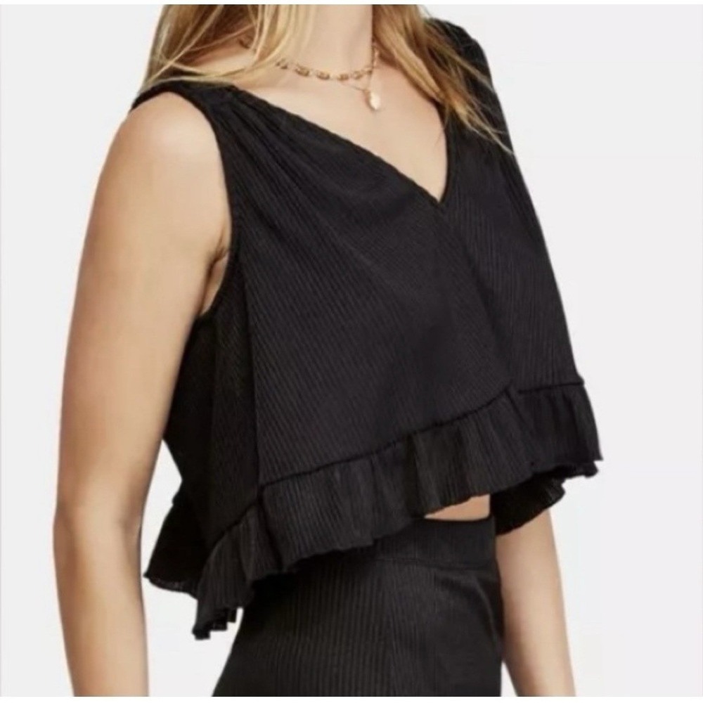 Free People No Excuses Ruffle Ribbed Crop Top Women's S Black Grunge WhimsyGoth